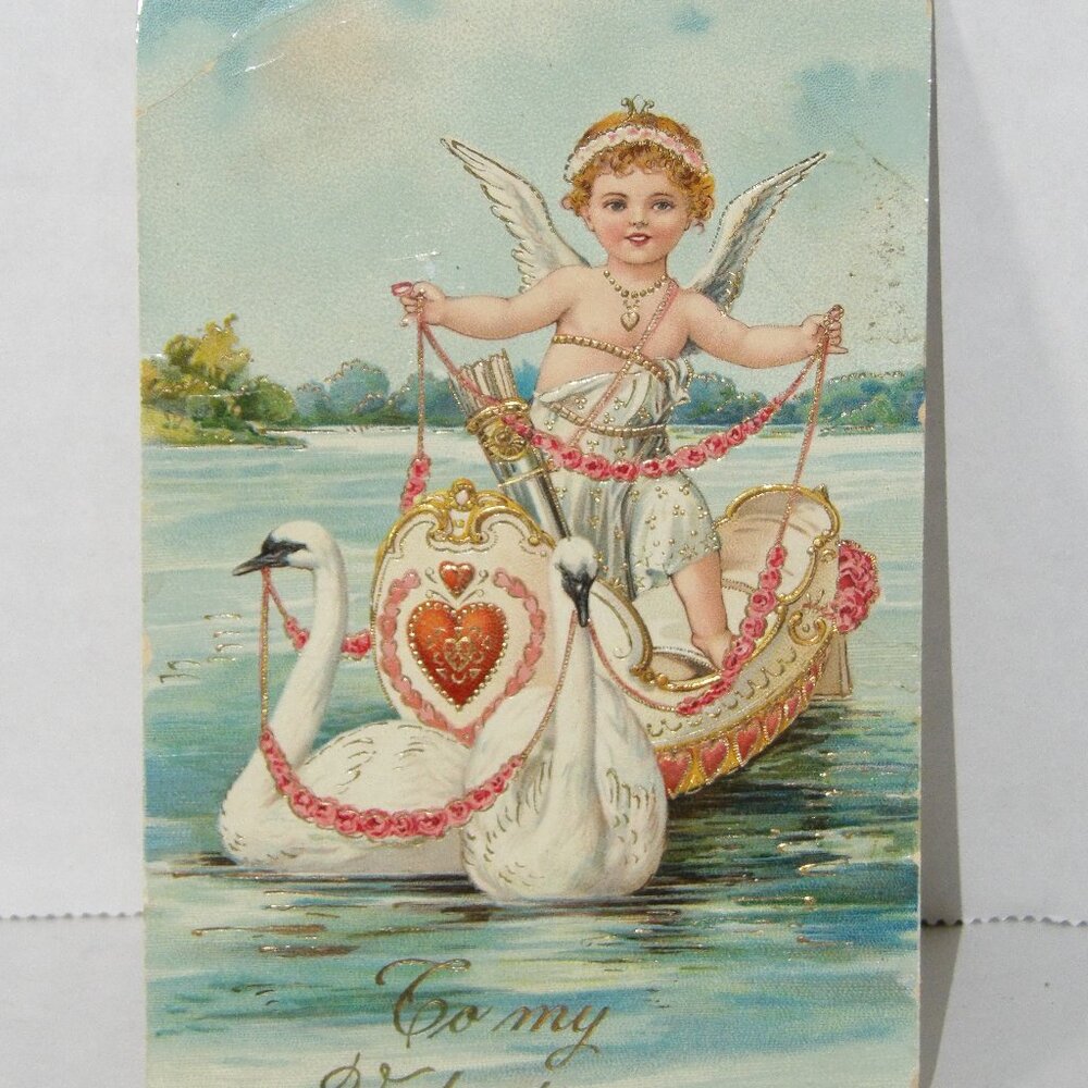 To My Valentine Vintage Postcard Cupid Swans Hearts